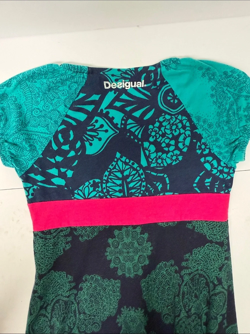 Desigual Girls Teal, Pink & Navy Floral Graphic Abstract Print Dress Size 7/8